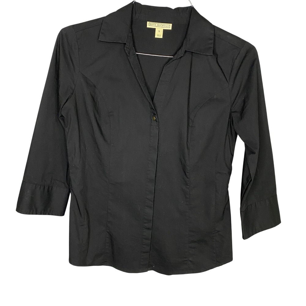 Dana Buchman Womens Black 3/4 Sleeve Button Down Shirt Gold Stud Detail Size S